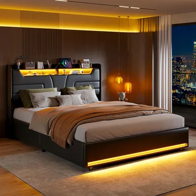 Zdjęcie produktu dla Łóżko kontynentalne 140 x 190 cm z oświetleniem LED i schowkiem w zagłówku – ergonomiczne łóżko tapicerowane w kolorze czarnym