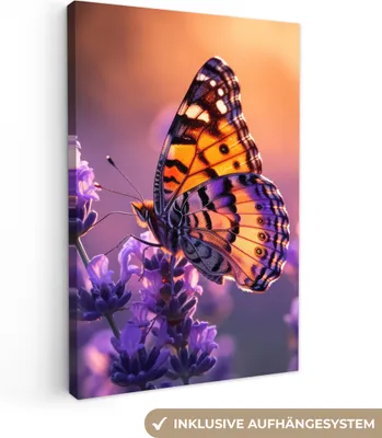 Produktbild von MuchoWow® - Leinwandbilder - Blumen - Schmetterling - Lavendel - Blume - Natur, Wandbild, Wanddeko Bilder Wohnzimmer, 80x120 cm