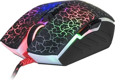 A gaming mouse with a crackle pattern and RGB lighting.
