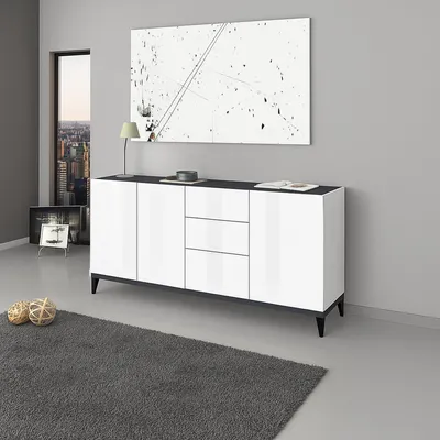 Immagine prodotto di Dmora Credenza Abic 40x160x82h cm Bianco Lucido, 3 Cassetti 4 Vani  Italy
