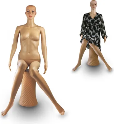 Produktbild von Bituxx Schaufensterpuppe, 135cm, weiblich, sitzend, beweglich, aus Kunststoff (PE), europäische Hautfarbe, inkl. Hocker, für Perücken geeignet