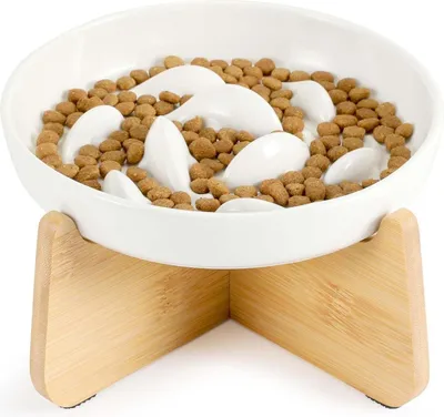 Produktbild von IDOGCHEW Keramik Anti-Schling Katzennapf mit erhöhtem Naturbambusrahmen, rutschfesten Füßen, leicht zu