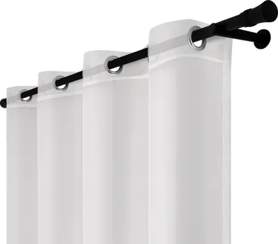 A close-up view of white curtains hanging on a double curtain rod.