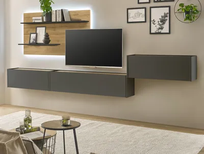 Produktbild von Wohnwand mit Sekretär in grau und Eiche, Wohnkombination Center 4-teilig 350 cm