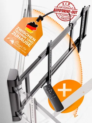 A black electric TV wall mount is shown with a German flag tag and a remote control.