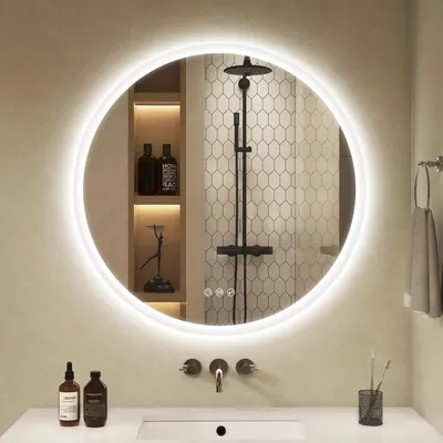 Image de Miroir de salle de bain rond avec éclairage, diamètre 70 cm, variateur d'intensité, anti-buée, Bluetooth, indice de protection IP44