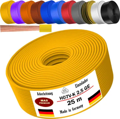 Productafbeelding van 25 meter adereen H07 V-K, geleidend, 1x2,5 mm², geel, enkeldradig, flexibel