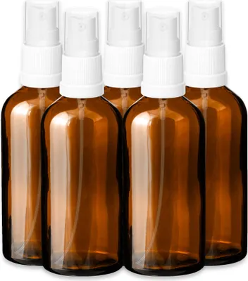 Produktbild von 5x Glasflasche braun 100 ml mit weißem Zerstäuber Sprükopf Pumpspray