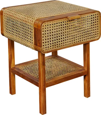 A wooden nightstand with rattan accents is shown against a white background.
