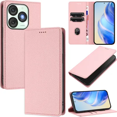 Produktbild von Litchi Leder Handyhülle für itel A50 Wallet Kartenfächer Standfunktion Hülle Pink