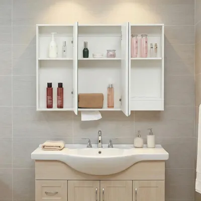 Produktbild von Spiegelschrank mit LED Beleuchtung und Steckdose Drei Türen Badschrank mit Spiegel und Ablage Dimmbar Dual-Touch-Schalter