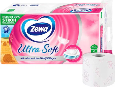 A package of Zewa Ultra Soft toilet paper and one roll of toilet paper.