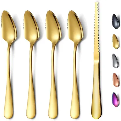 Image de Ensemble de 5 couverts pour pamplemousse, avec couteau, en acier inoxydable, finition dorée, bords dentelés