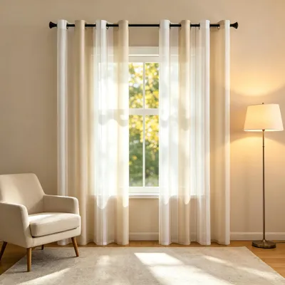 Image de Lot de 2 voilages transparents - Rideaux à œillets pour salon, style moderne, rayures transparentes, 90 g/m², œillets Ø 4 cm, voile 140 x 145 cm, beige
