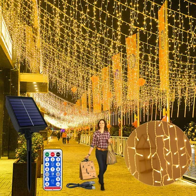Productafbeelding van XINZI Solar LED-sfeertjes, 5 meter, 200 LED's - IJskristalvormige lichtjes, warm wit, 13 modi, timerfunctie, geschikt voor tuin, balkon, terras, feestjes, kerstdecoratie