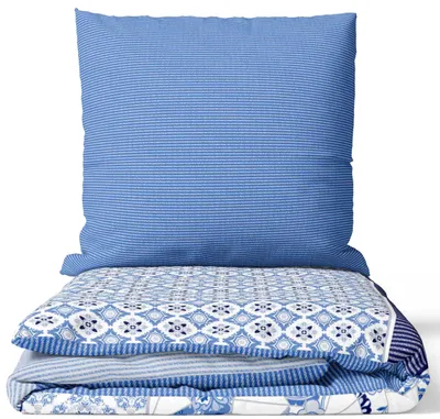 Produktbild von Renforce Bettwäsche Set 2tlg 135x200 cm und 80x80 cm Blau Weiß Paisley Gestreift Baumwolle Reißverschluss