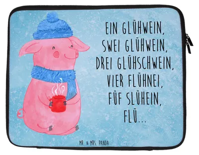Produktbild von Mr. & Mrs. Panda Laptophülle Schweinchen Glühwein 33 x 42 cm - Eisblau - Geschenk, Laptoptasche, Notebooktasche, Weihnachtsmarkt, Spruch, Laptop Tasche, Notebook Hülle