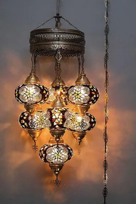 Image de Suspension à 7 globes en verre mosaïque brun - Suspension turque avec 7 boules en verre mosaïque - Plafonnier oriental