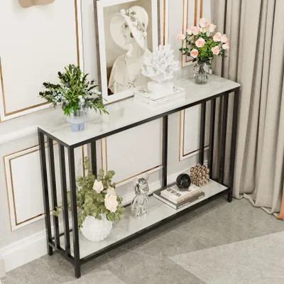 Image de Console Meuble en Marbre 120 x 30 x 78 cm – Table d’Entrée Moderne avec 2 Étagères, Console Étroite et Table d’Appoint pour Salon et Couloir