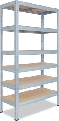 A tall, grey metal shelving unit with wooden shelves against a white background.