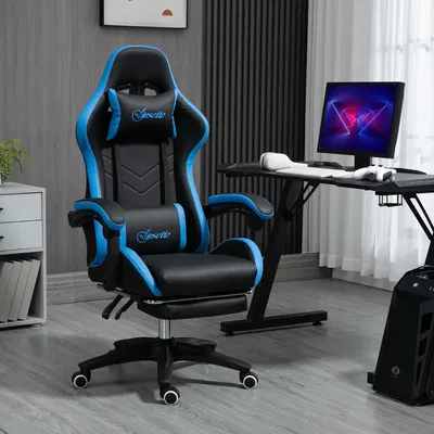 Produktbild von Sweiko Bürostuhl, Gamingstuhl, 1 Kopfstütze, 1 Lendenstütze, Blau + Schwarz