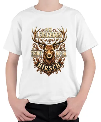 Produktbild von Mei Lederhosn trogt no da Hirsch Bayern Alpen Lederhose Dirndl Kinder T-Shirt, Weiß, 128