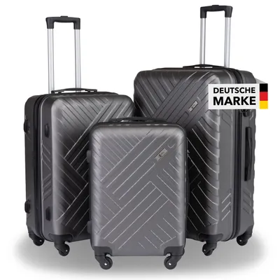 Produktbild von Xonic Design Reisekoffer mit Rollen– ABS Hartschalenkoffer mit 360° Leichtlauf-Rollen – hochwertige Koffer Trolleys mit Zahlenschloss in M, L, XL oder Set – Handgepäck Koffer, Suitcase (Dunkelgrau, Set)