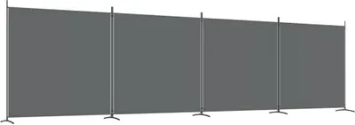 A long, gray privacy screen with four panels, supported by metal poles on stands.