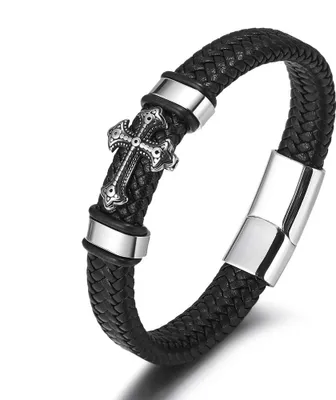 Zdjęcie produktu dla Bransoletka meska skorzana krzyz stal 316L prezent 21cm