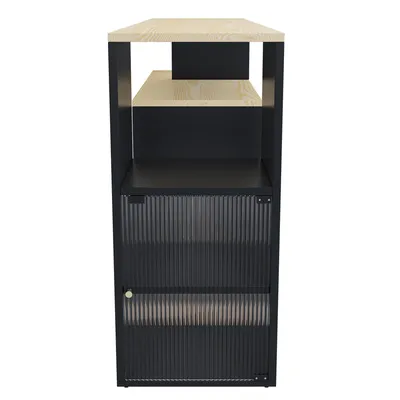 Produktbild von Flieks ausziehbarer Bartisch, Stehtisch Bistrotisch mit Glasschiebetür, Esstisch mit Stauraum, Hochtisch 360°drehbar, multifunktionale Möbel, Schwarz