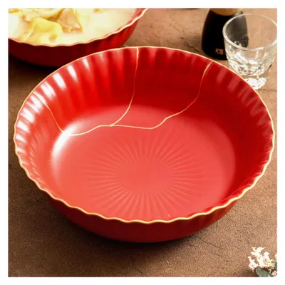 Produktbild von Große Suppenschüssel aus Keramik, rotes Zinnoberblatt, 30,5 cm