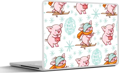 Produktbild von MuchoWow® Laptop Aufkleber Sticker Cover Winter - Schweine - Schnee - Muster - Skifahren 25x18 cm - Laptop-Deko