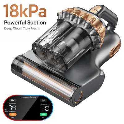 Productafbeelding van Draadloze mijtzuiger met een zuigkracht van 18 kPa, mijtzuiger voor matrassen, met UV-C 254 nm, 60 °C warmelucht, HEPA-filter en dubbele opvangbak
