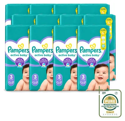 Image de 12 couches Pampers Active Baby, taille 3, pour bébés de 6 à 10 kg - Pack économique - 12 couches