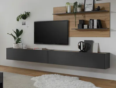 Produktbild von Wohnwand "Center" grau matt und Wotan Eiche, Schrankwand 300 cm mit XXL Lowboard
