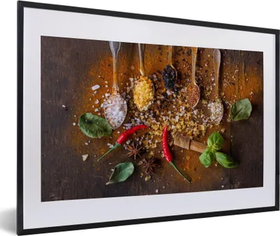 Produktbild von MuchoWow® Gerahmtes Poster Löffel - Kräuter - Gewürze - Salz 60x40 cm - Poster mit Schwarzem Bilderrahmen Wandposter Rahmen Foto Bilder - Schlafzimmer - Plakat in Rahmen - Drucken