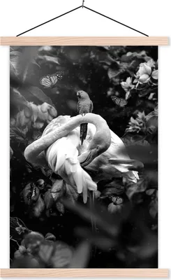 Produktbild von MuchoWow® Textilposter Flamingo und ein Vogel im Dschungel - schwarz und weiß 60x90 cm mit holzfarbenen Rahmen - Textil