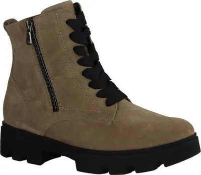 A single brown suede boot with black laces and a black sole is shown against a white background.