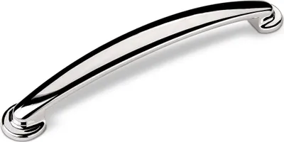 A single polished silver cabinet handle on a white background.