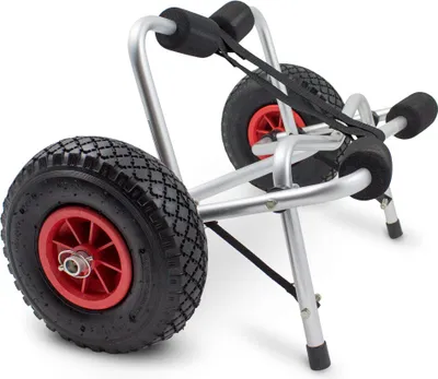 A kayak or canoe trolley with two large wheels and padded supports.