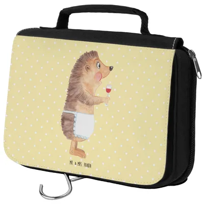 Produktbild von Mr. & Mrs. Panda Kosmetikbeutel Igel Wein - Gelb Pastell - Geschenk, Reise-Kulturtasche, Kosmetiktasche, Kulturtasche, Weißwein, Lustige Sprüche, Kulturbeutel, Weinglas