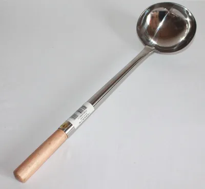 Image de Cuillère ronde en acier inoxydable - Manche en bois, 47 cm