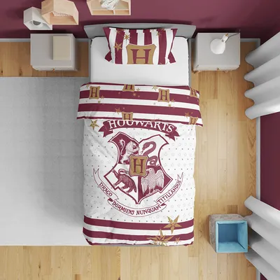 Produktbild von Kinder Bettwäsche Wizarding World Harry Potter Hogwarts Wappen Magier Zauberei Rot gestreift, Weiß Bettdecke 160 x 200 + Kopfkissen 70 x 80 cm 100% Baumwolle