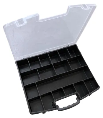 Obrázek produktu pro Organizér s víkem - 18 přihrádek - plastový - 36 x 29 x 6,5 cm - průhledné víko - ideální pro drobné součástky - úložná krabička