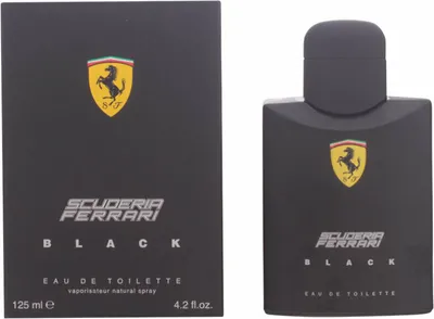 A black box of Ferrari Scuderia Black eau de toilette for men and the perfume bottle.