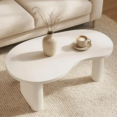 Immagine prodotto di Tavolino HWC-O29, tavolino da divano, forma organica in legno melaminico, 45x110x60cm ~ bianco