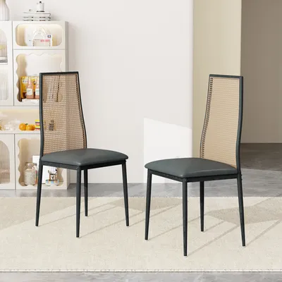 Produktbild von CDGlobal Esszimmerstühle 2er Set Leinen Küchenstuhl Rattan geflochtene Rückenlehne, Akzentstuhl mit Metallbeine Vintage Polsterstuhl für Esszimmer/Küche/Wohnzimmer