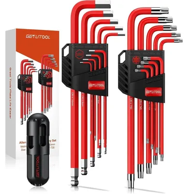 Produktbild von Innensechskant & Torx Winkelschlüssel Satz 18tlg. Lang Kugelkopf Metrisch HX 1,5-10mm TX T10-T50 Cr-V Stahl mit Halter