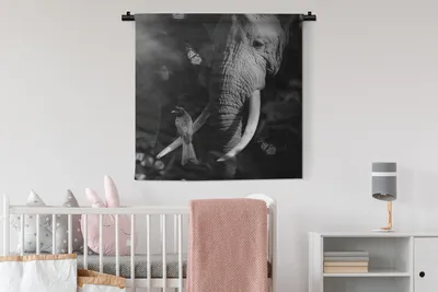 Produktbild von MuchoWow® Wandteppich Wandbehang Vogel - Elefant - Dschungel - Schwarz - Weiß 90x90 cm Tapisserie Dekoration Wandtuch - Wandaufhänger