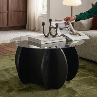 Obrázek produktu pro Konferenční stolek „Karhuvandi“ Ø 70 x 40 cm se skleněnou deskou z kouřového skla, kulatý, černý/šedý
